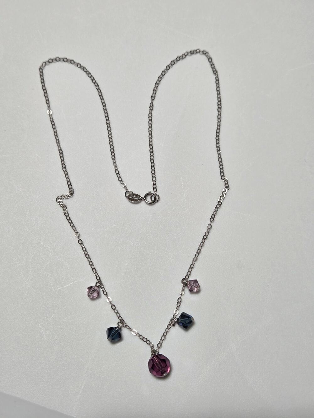 925 Sterling Silver Swarovski Crystal Beaded Necklace Dangle Purple Blue